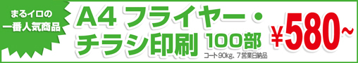 まるイロの一番人気商品A4フライヤーチラシ印刷100部580円